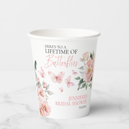 Vlinders Bloem Roze Blush Bruidsmeisje Feestje Papieren Bekers (Voorkant)