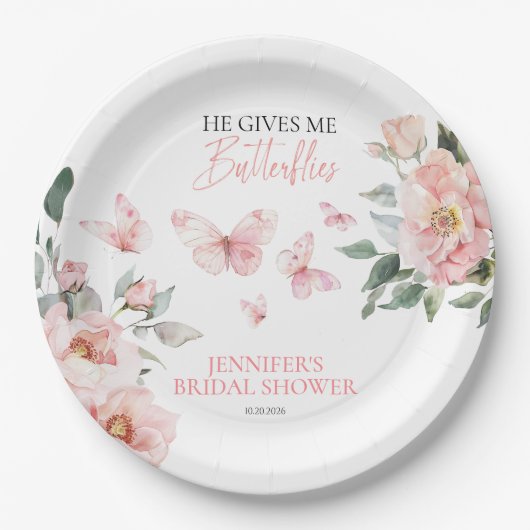 Vlinders Bloem Roze Blush Bruiloft Feest Papieren Bordje (Voorkant)