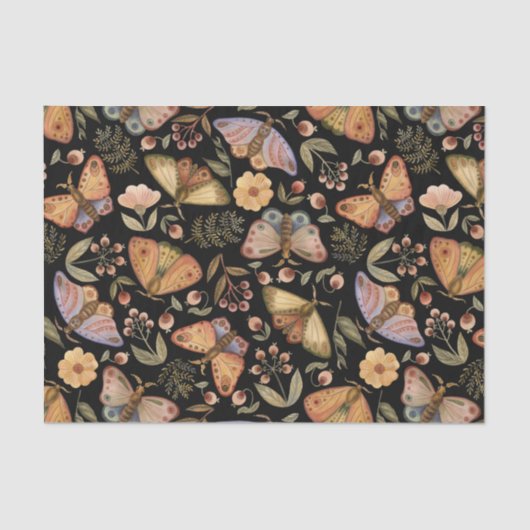 vlinders, bloemen en bessen, zwart tissuepapier (Voorkant)