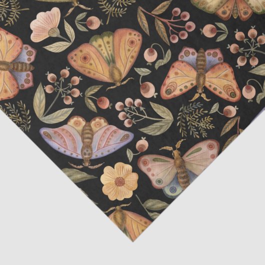  vlinders, bloemen en bessen, zwart tissuepapier (Detail)