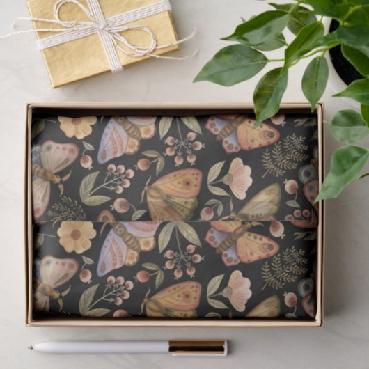 vlinders, bloemen en bessen, zwart tissuepapier (Geschenk)