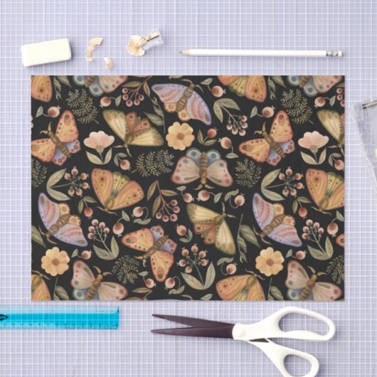 vlinders, bloemen en bessen, zwart tissuepapier (Craft)