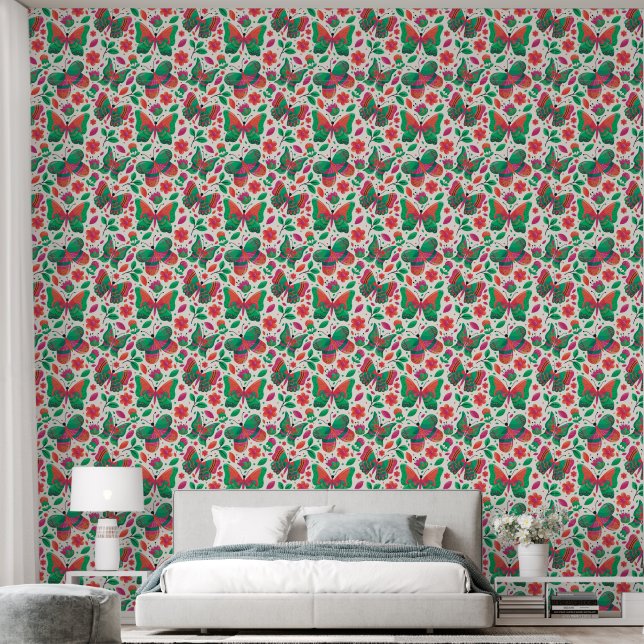 Vlinders, Bloemen en Bladeren Behang (Slaapkamer)
