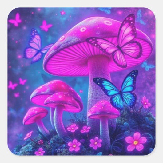 Vlinders, bloemen en paddenstoelen- vierkante sticker (Voorkant)