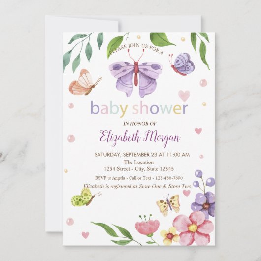 Vlinders Bloemen Gestippelde Uitnodiging Baby Show (Voorkant)