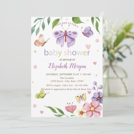 Vlinders Bloemen Gestippelde Uitnodiging Baby Show (Staand voorkant)