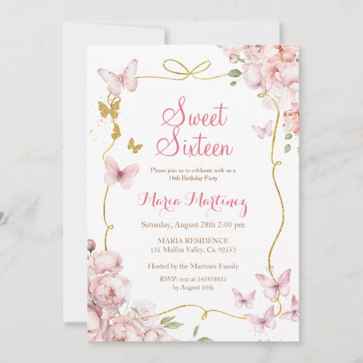 Vlinders Bloemen Met Gouden Glitter Sweet 16 Kaart (Voorkant)
