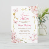 Vlinders Bloemen Met Gouden Glitter Sweet 16 Kaart (Staand voorkant)