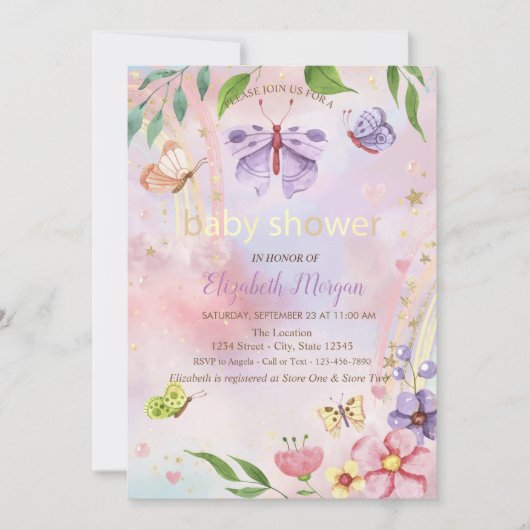 Vlinders Bloemen Regenboog Baby shower Kaart (Voorkant)
