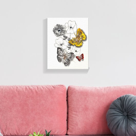 Vlinders Bloemen Rood Goud Grijs Minimalistische S Canvas Afdruk (Insitu (Woonkamer))