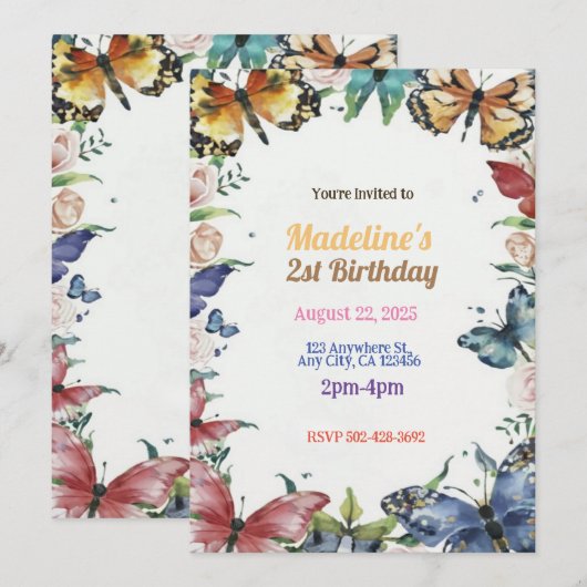 Vlinders & Bloemen Verjaardagsfeestuitnodiging Kaart (Voorkant / Achterkant)