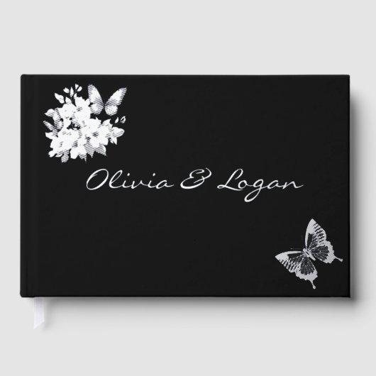 Vlinders & Bloemen Zilver Folie Zwart Trouwen Gastenboek (Voorkant)