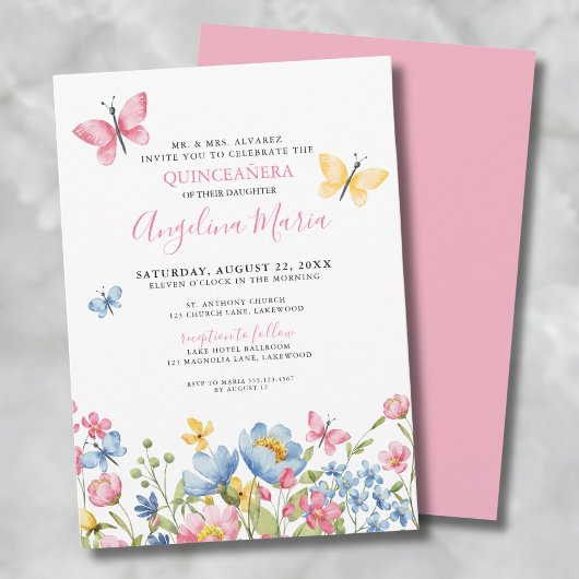 Vlinders Bloemige Quinceanera Kaart