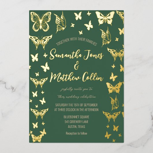 Vlinders Boho Green Gold Folie Wedding Uitnodiging (Voorkant)