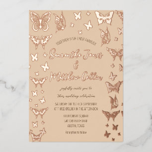 Vlinders Boho Perzik Roos Gold Folie Wedding Uitnodiging