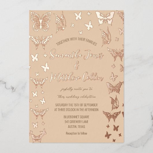 Vlinders Boho Perzik Roos Gold Folie Wedding Uitnodiging (Voorkant)