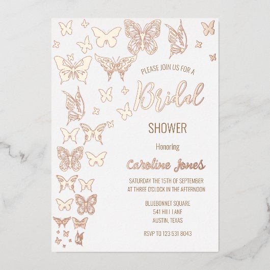 Vlinders Boho Roos Gold Foil Vrijgezellenfeest Folie Uitnodiging (Voorkant)