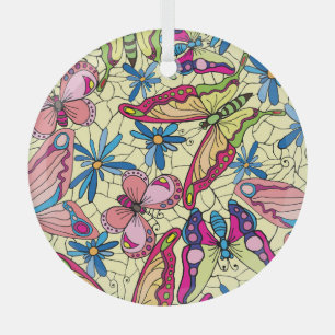 Vlinders boven Flowers Meadow Uitzicht Glas Ornament