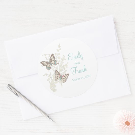 Vlinders bruin aqua roze bruiloft sticker (Envelop)
