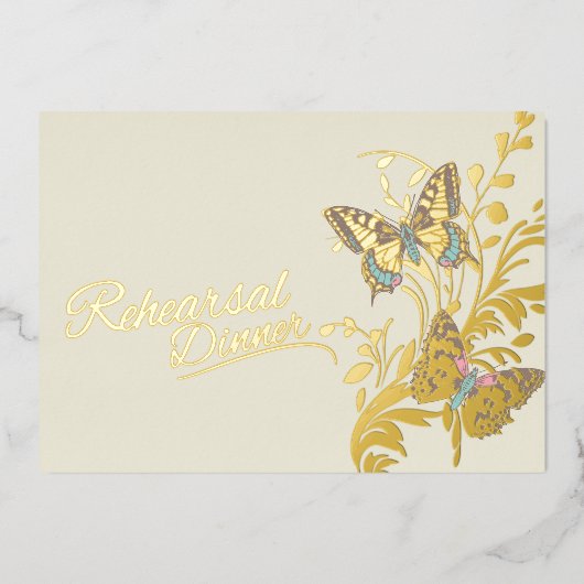 Vlinders bruin goud bruiloft repetitie diner folie uitnodiging (Voorkant)