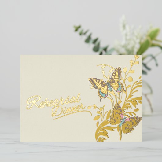 Vlinders bruin goud bruiloft repetitie diner folie uitnodiging (Staand Voorkant)