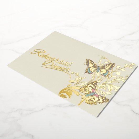 Vlinders bruin goud bruiloft repetitie diner folie uitnodiging (Gedraaid)