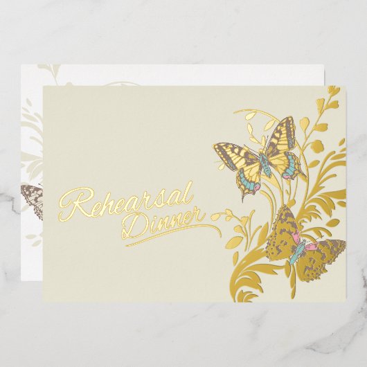 Vlinders bruin goud bruiloft repetitie diner folie uitnodiging (Voorkant / Achterkant)