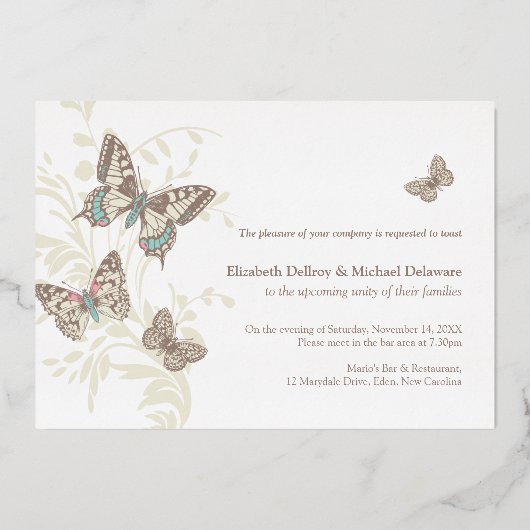 Vlinders bruin goud bruiloft repetitie diner folie uitnodiging (Achterkant)