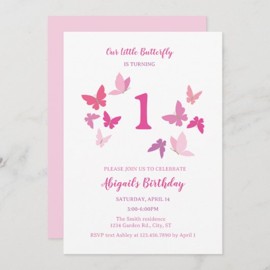 Vlinders Eerste Verjaardag Uitnodiging (Voorkant / Achterkant)