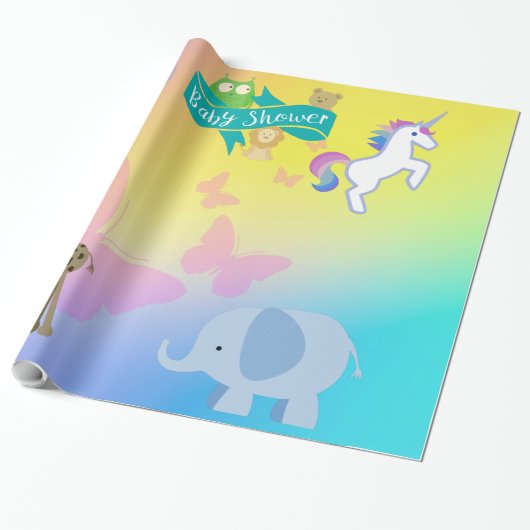 Vlinders en beestjes Baby shower geel blauw Cadeaupapier (Uitgerold)