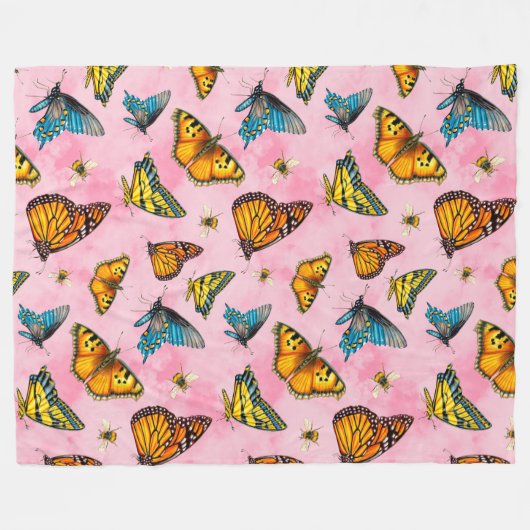Vlinders en bijen boven de perziklucht fleece deken (Voorkant (Horizontaal))