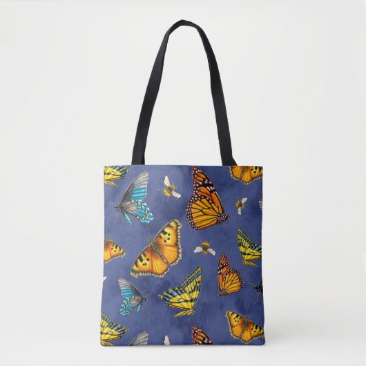 Vlinders en bijen op donkerblauwe luchten tote bag (Voorkant)