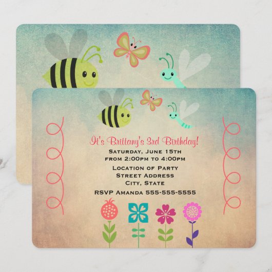 Vlinders en bijen verjaardagsfeestje kaart (Voorkant / Achterkant)