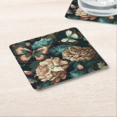 Vlinders en bloemen donker klassiek ontwerp kartonnen onderzetters (Schuin)