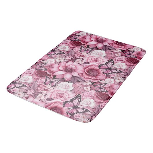 Vlinders en bloemen in verschillende tinten roze badmat (Gekanteld)