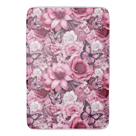 Vlinders en bloemen in verschillende tinten roze badmat (Voorkant Verticaal)