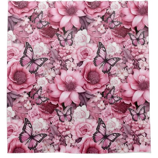 Vlinders en bloemen in verschillende tinten roze douchegordijn (Voorkant)