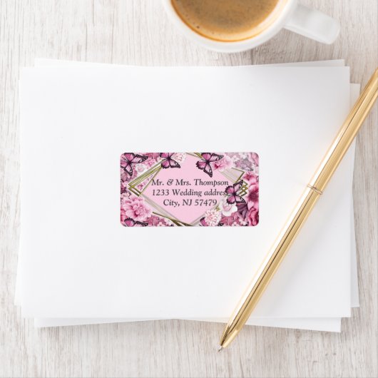 Vlinders en bloemen in verschillende tinten roze etiket (Insitu)