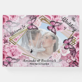 Vlinders en bloemen in verschillende tinten roze gastenboek