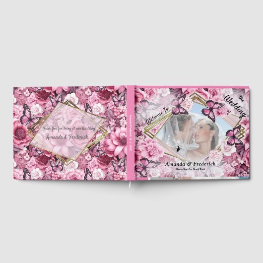 Vlinders en bloemen in verschillende tinten roze gastenboek (Volledig)
