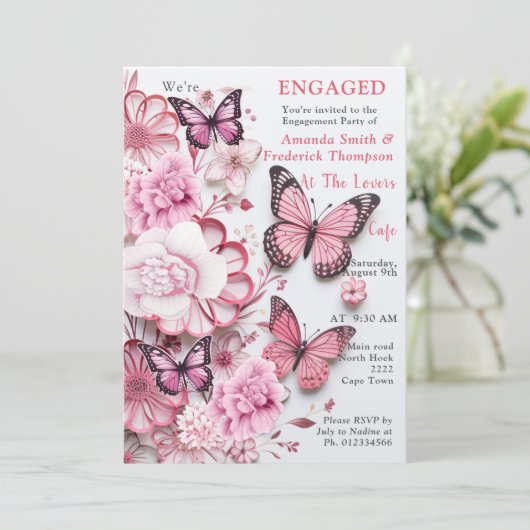 Vlinders en bloemen in verschillende tinten roze kaart (Staand voorkant)