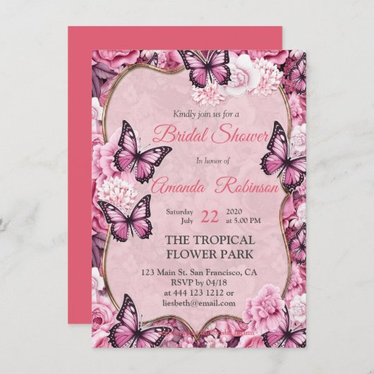 Vlinders en bloemen in verschillende tinten roze kaart (Voorkant / Achterkant)