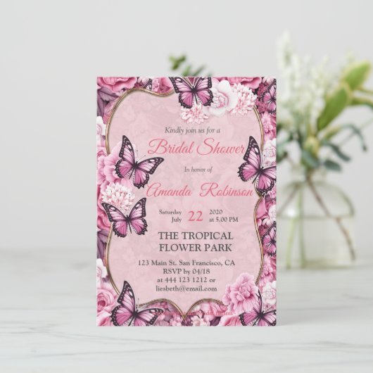 Vlinders en bloemen in verschillende tinten roze kaart (Staand voorkant)