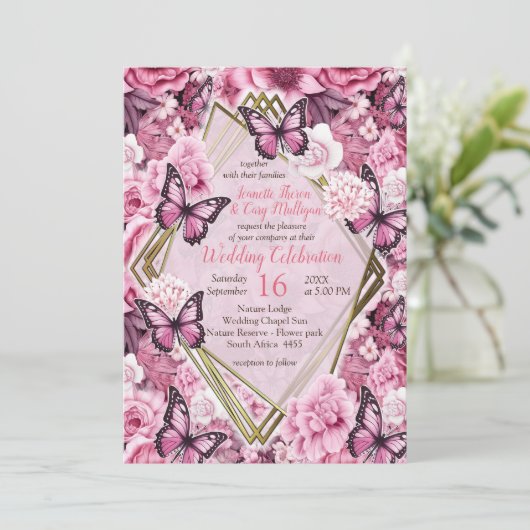 Vlinders en bloemen in verschillende tinten roze kaart (Staand voorkant)