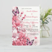 Vlinders en bloemen in verschillende tinten roze kaart (Staand voorkant)