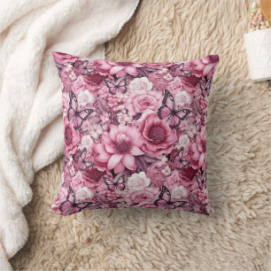 Vlinders en Bloemen in verschillende tinten roze Kussen