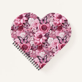 Vlinders en bloemen in verschillende tinten roze notitieboek