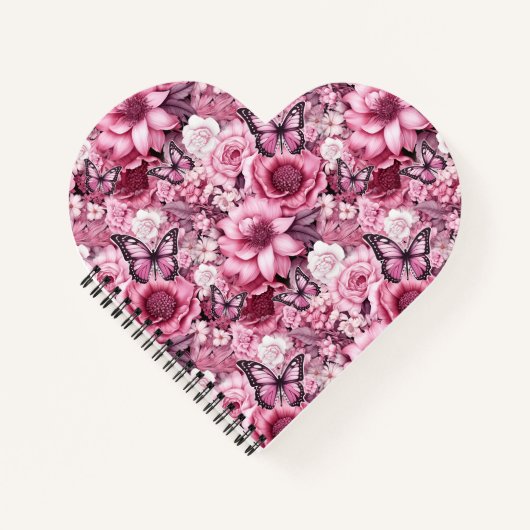 Vlinders en bloemen in verschillende tinten roze notitieboek (Voorkant)