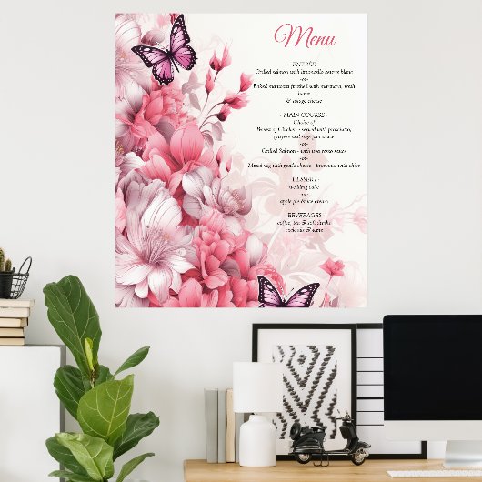 Vlinders en bloemen in verschillende tinten roze poster (Thuiskantoor)
