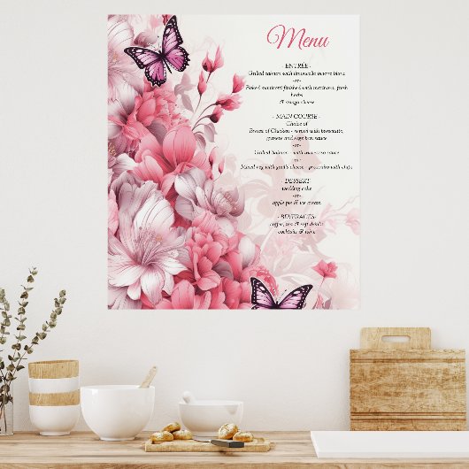 Vlinders en bloemen in verschillende tinten roze poster (Keuken)